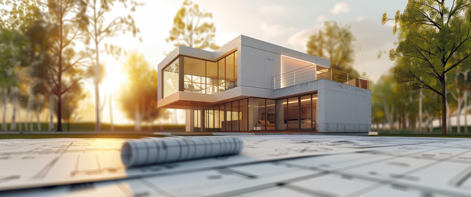 Modernes Hausmodell auf Architekturplänen