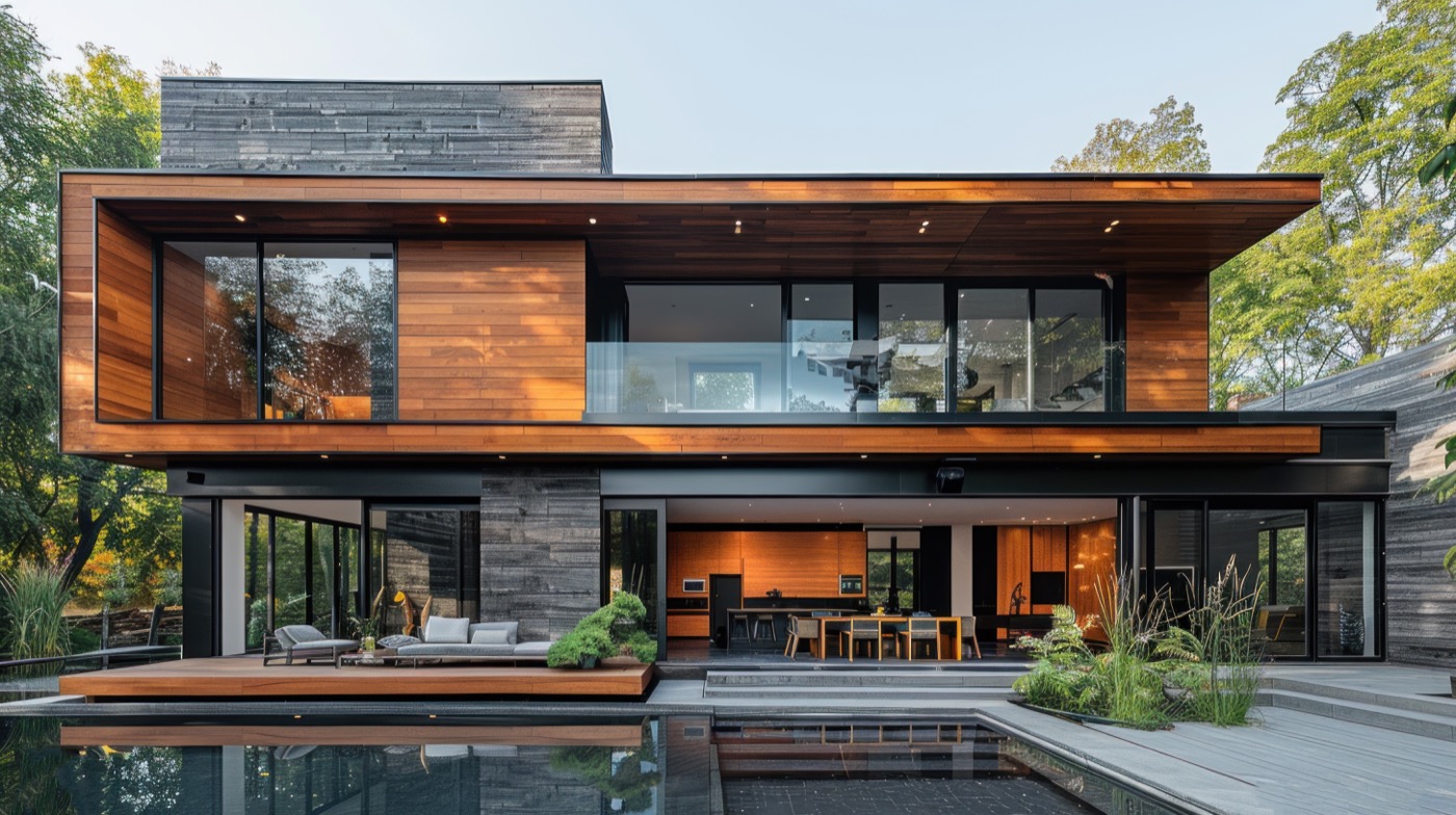 Modernes Einfamilienhaus mit Holzfassade und Pool